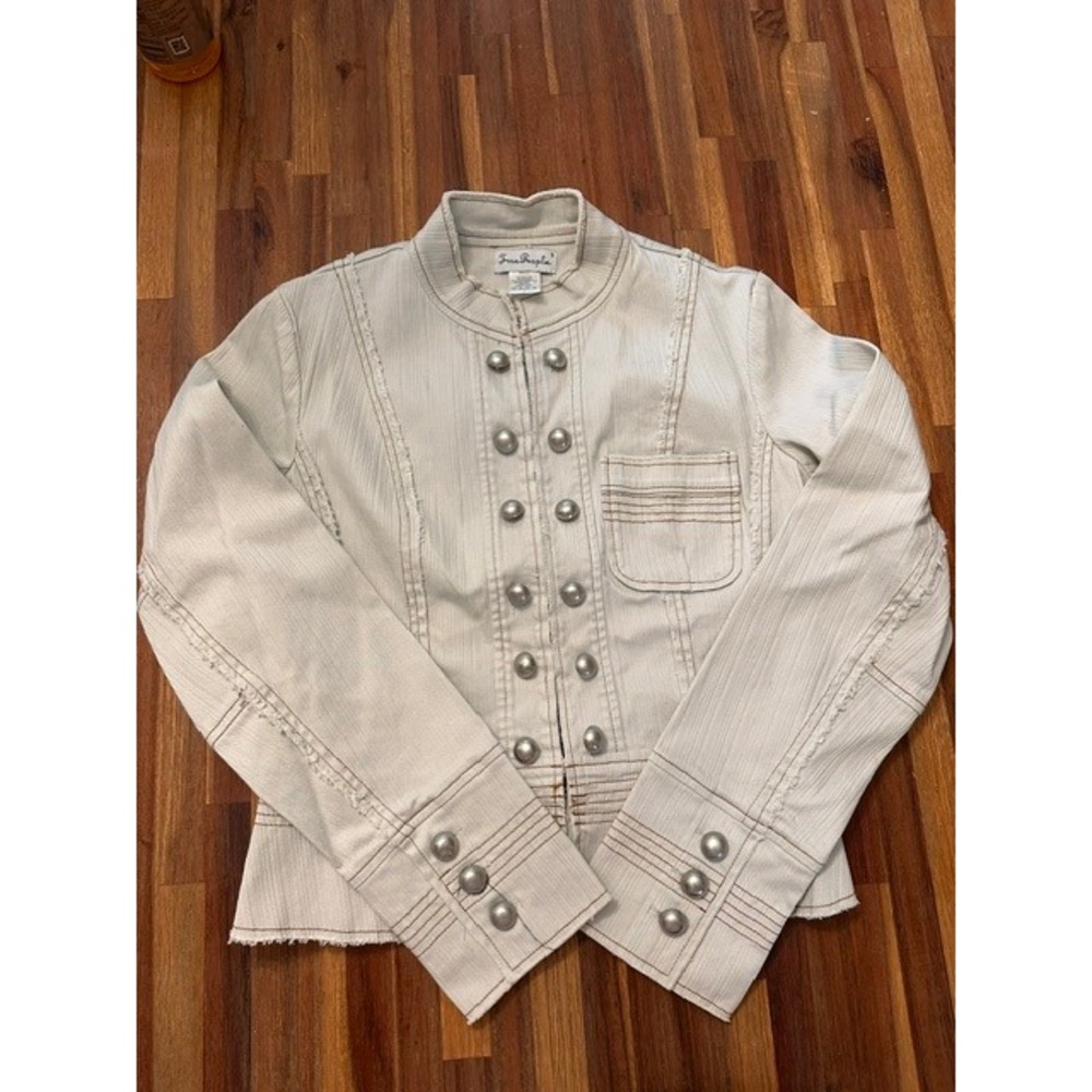 True People Military Jacket Cream Denim Striped Button Front Raw Edge Small